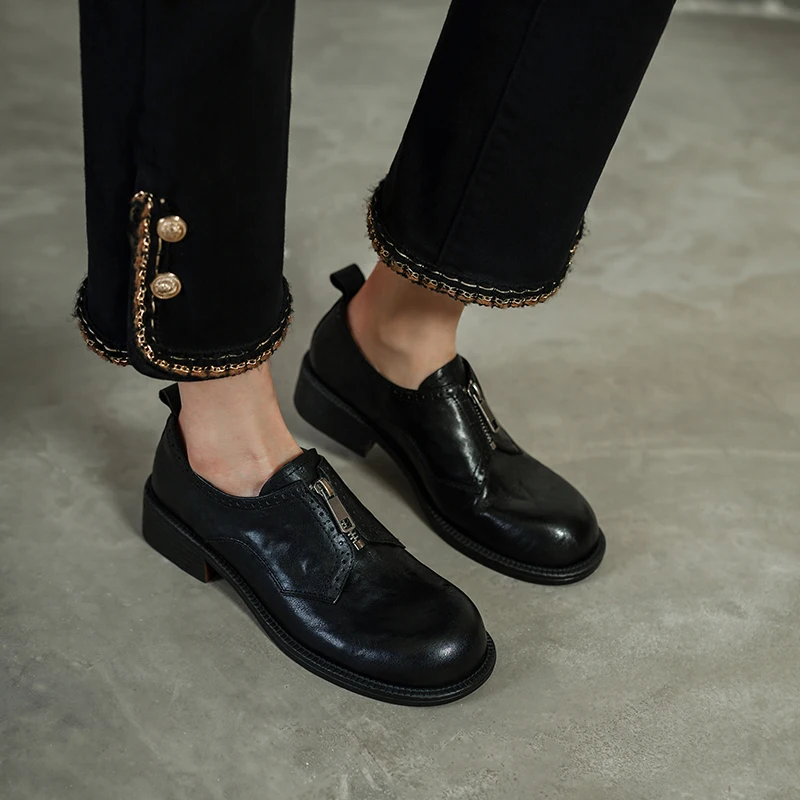 New Retro Shoes for Women Vintage Round Toe Simple Shoes Ladies Cowhide Soft Leather Mid Heel Slip on Quality European Oxfords