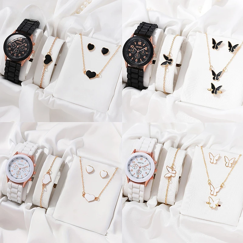 

5Pcs/set Fashion Women Watch Round Dial Classic Watches Women Simple Clock& Jewelry Set for Female Gift