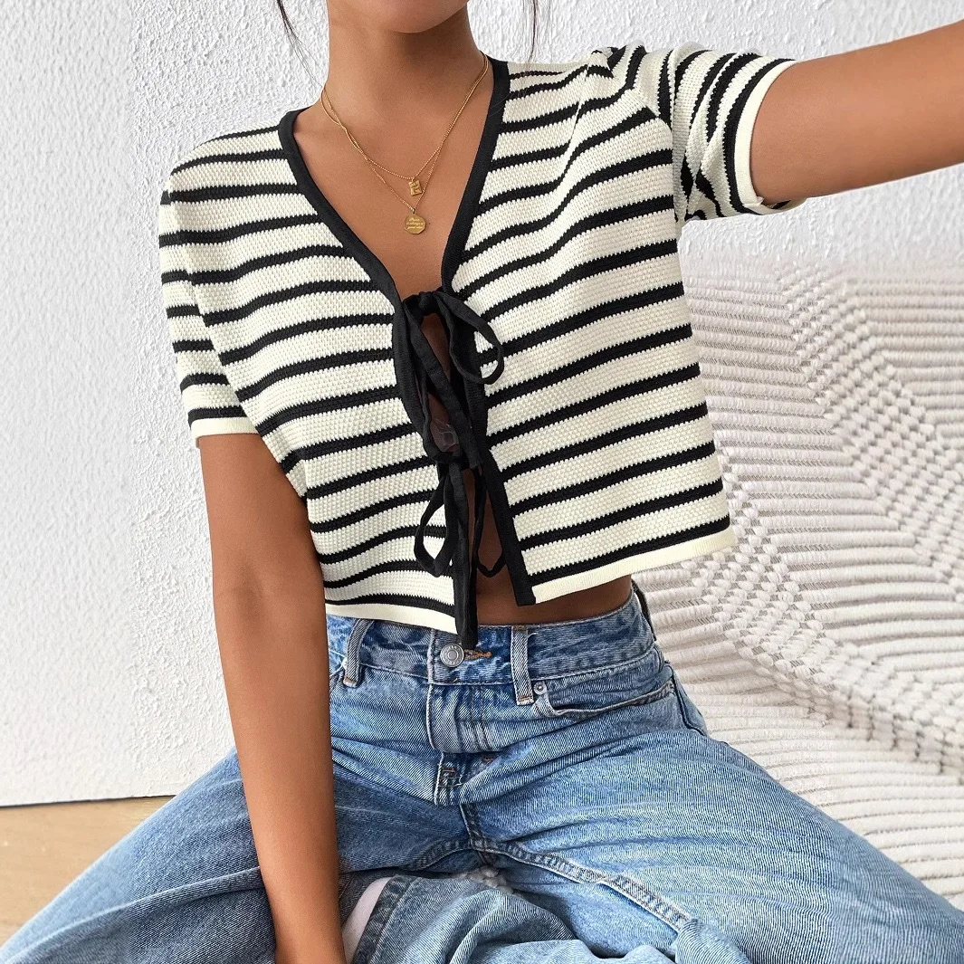 

Women's Summer Cardigan, Stripe Tops, Fashion Short Sleeve 2025