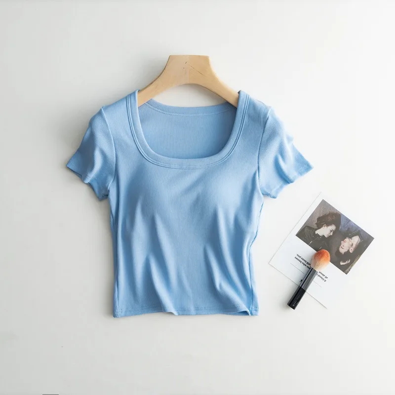 2023 New Women Bra T-Shirt Cotton Bra-T With Pad Cup Short Sleeves Summer Sexy Casual Bra One Piece Sports Tank Top U collar