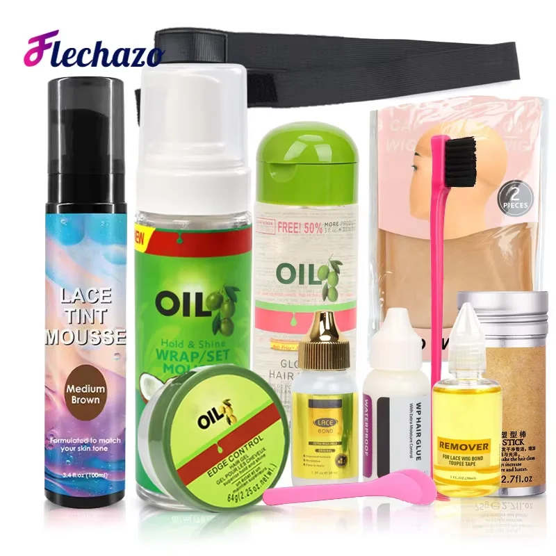 Kit d'installation de perruque, ensemble avec tout, 12 pièces, Mousse pour cheveux, teinte en dentelle, Spray, colle pour perruque, bâton de cire pour cheveux, bande de contrôle des bords