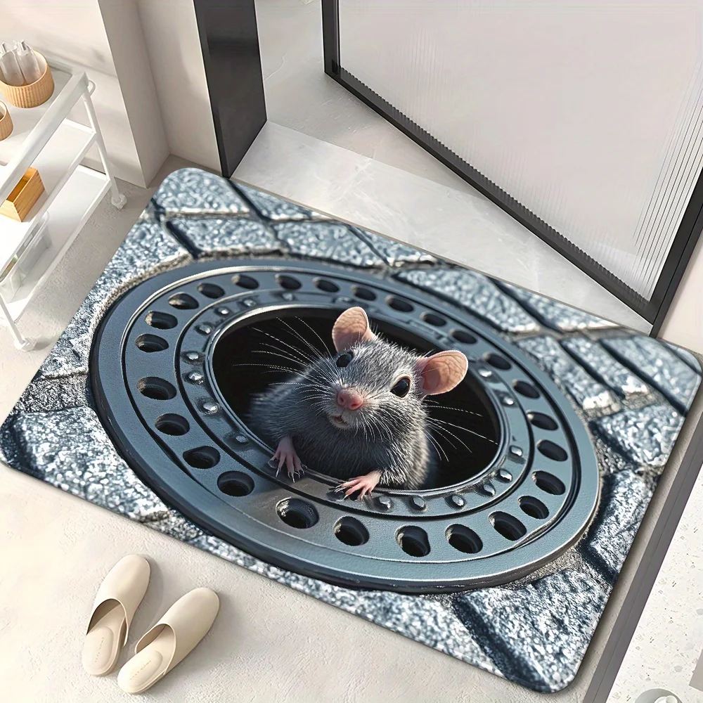3D Rat Manhole Flannel Rug Printed Carpet Indoor Decorative Home Floor Mat Living Room Bedroom Anti Slip Soft Design