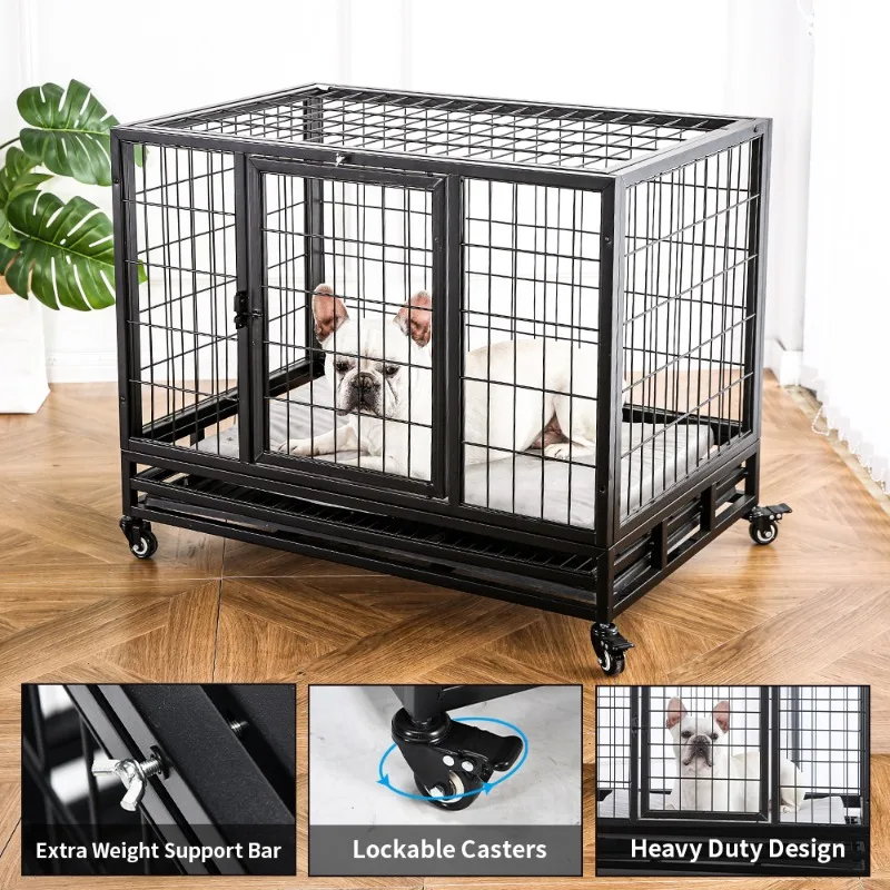 

Heavy Duty Dog Cage Metal Kennel Open Top Indoor Outdoor Dog Crate With Lockable Casters