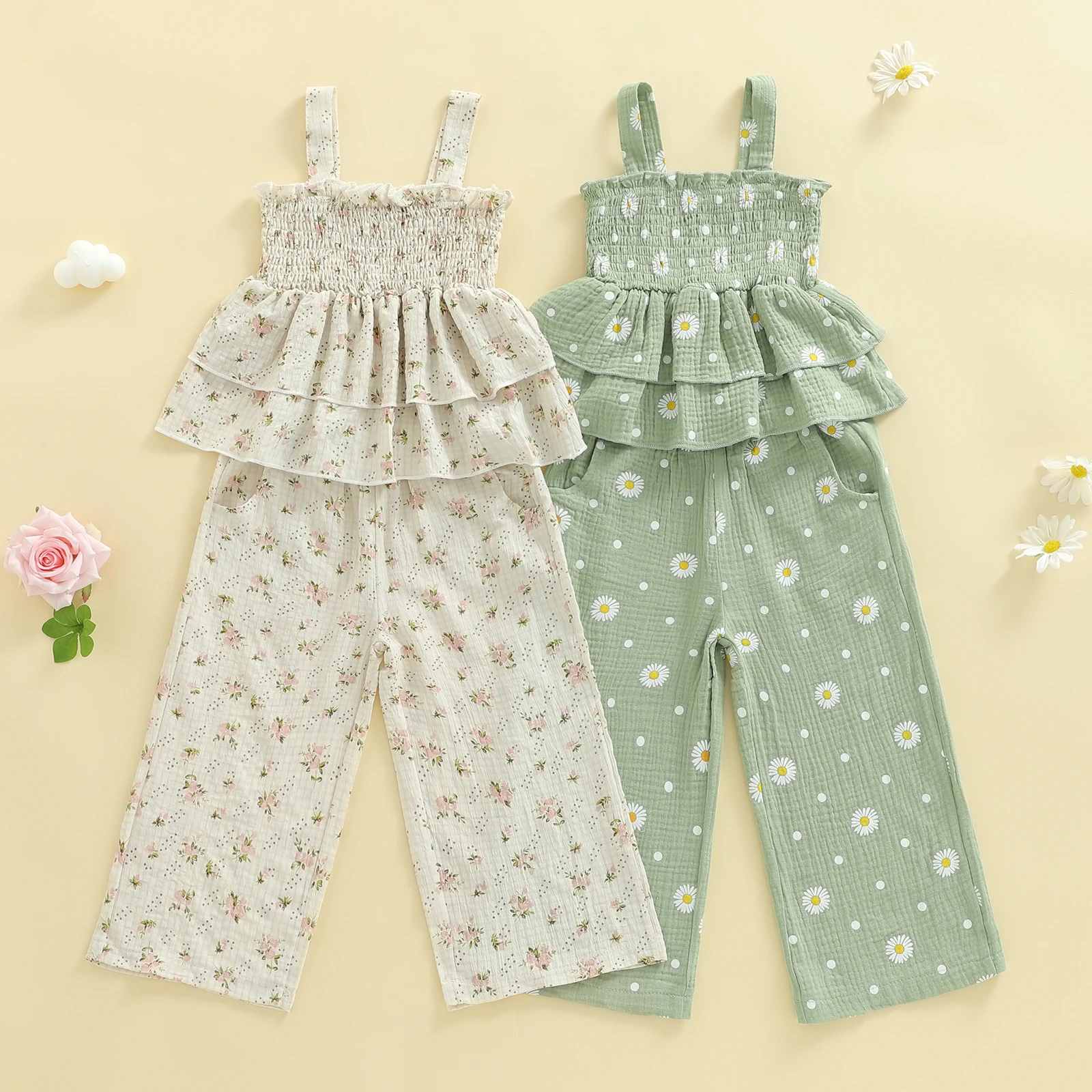 FOCUSNORM 2-7Y الصغار الفتيات ملابس الربيع مجموعات عباد الشمس طباعة أكمام Smocked تانك القمم + جيب فستان أطفال مع سروال داخلي #5