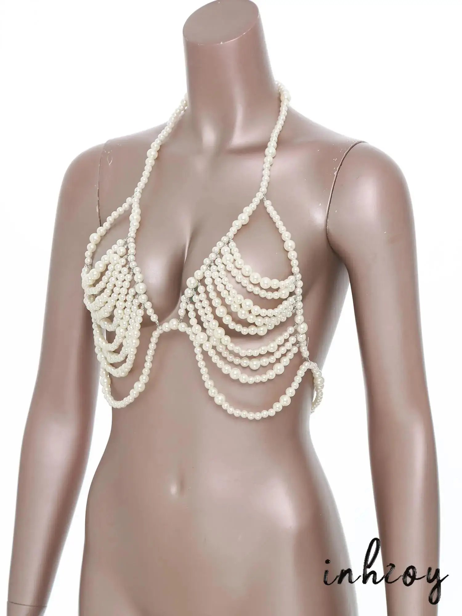 

Womens Faux Pearl Sexy Body Chain Hollow Out Bra Tops Shoulder Chain Luxurious Body Jewelry for Beachwear Rave Party
