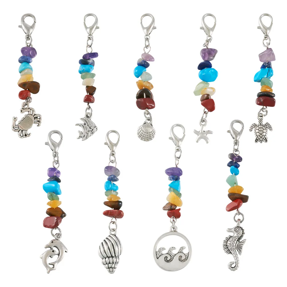 

9pcs/Set Chakra Gemstone Chip Pendant with Zinc Alloy Lobster Claw Clasps For Women Drop Earrings Keychain Jewelry Making