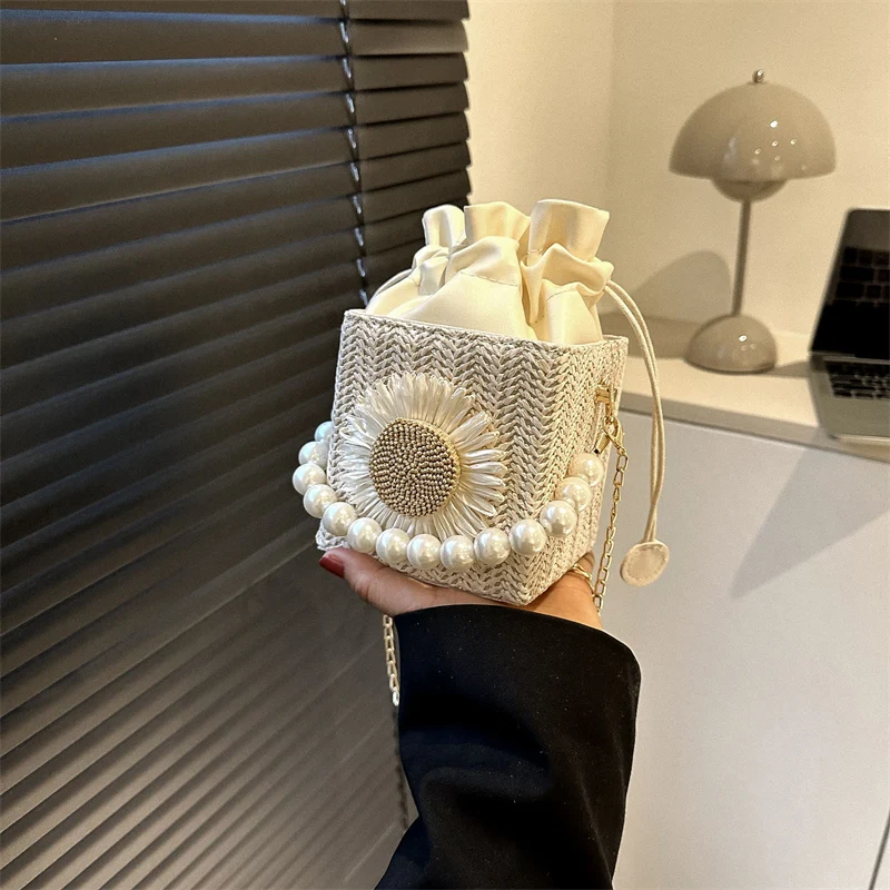 Trendy Beach Straw Woven Bag Women's Single Shoulder Slant Cross Bucket Bag Fashionable  Fairy New 2023 Soft Polyester L...