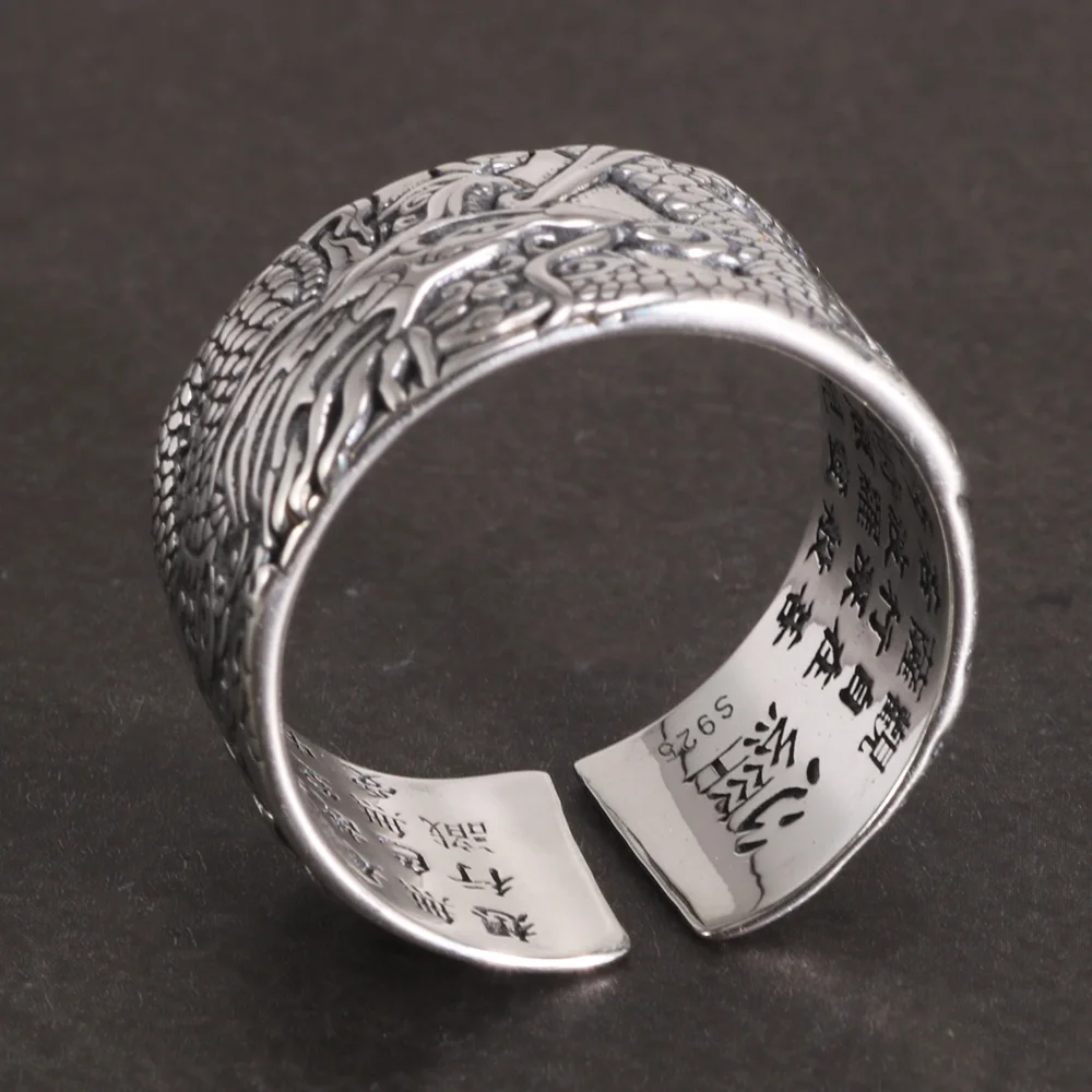 Real 925 Pure Silver Mens Biker Rings With Flying Dragon Vintage Punk Style Buddhism Heart Sutra Engraved Animal Jewelry
