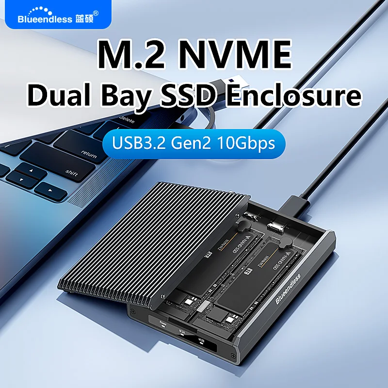 Blueendless Dual Bay M.2 NVMe SSD Enclosure USB3.2 Gen2 10Gbps Type-C External SSD Case 2230 2242 2260 2280, Aluminum Housing