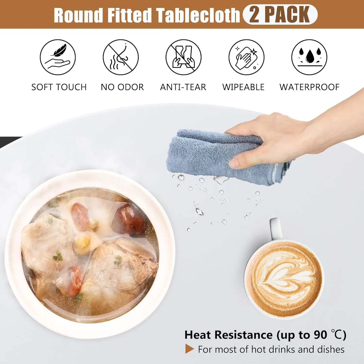 Round Vinyl Fitted Tablecloth Table Cloth Pattern Table Protector Wipeable Elastic Edge Oil Proof Waterproof for Patio Table