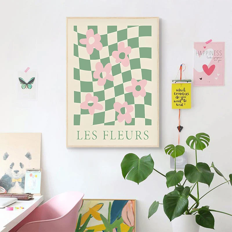 Abstract Green Floral Heart Cherry Posters Danish Pastel Canvas Painting Living Room Wall Art Painted Picture for Home Decor