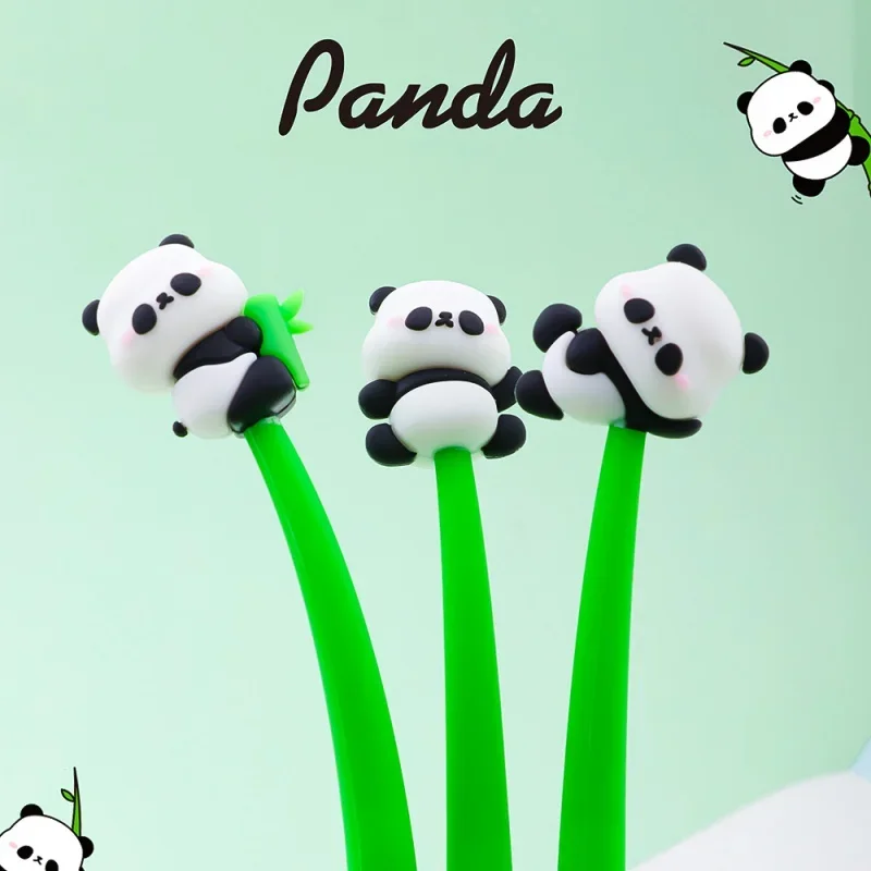 Panda forma silicone gel caneta, caneta de bambu, para assinatura, desenhos animados, cola macia, papelaria estudante, bonito