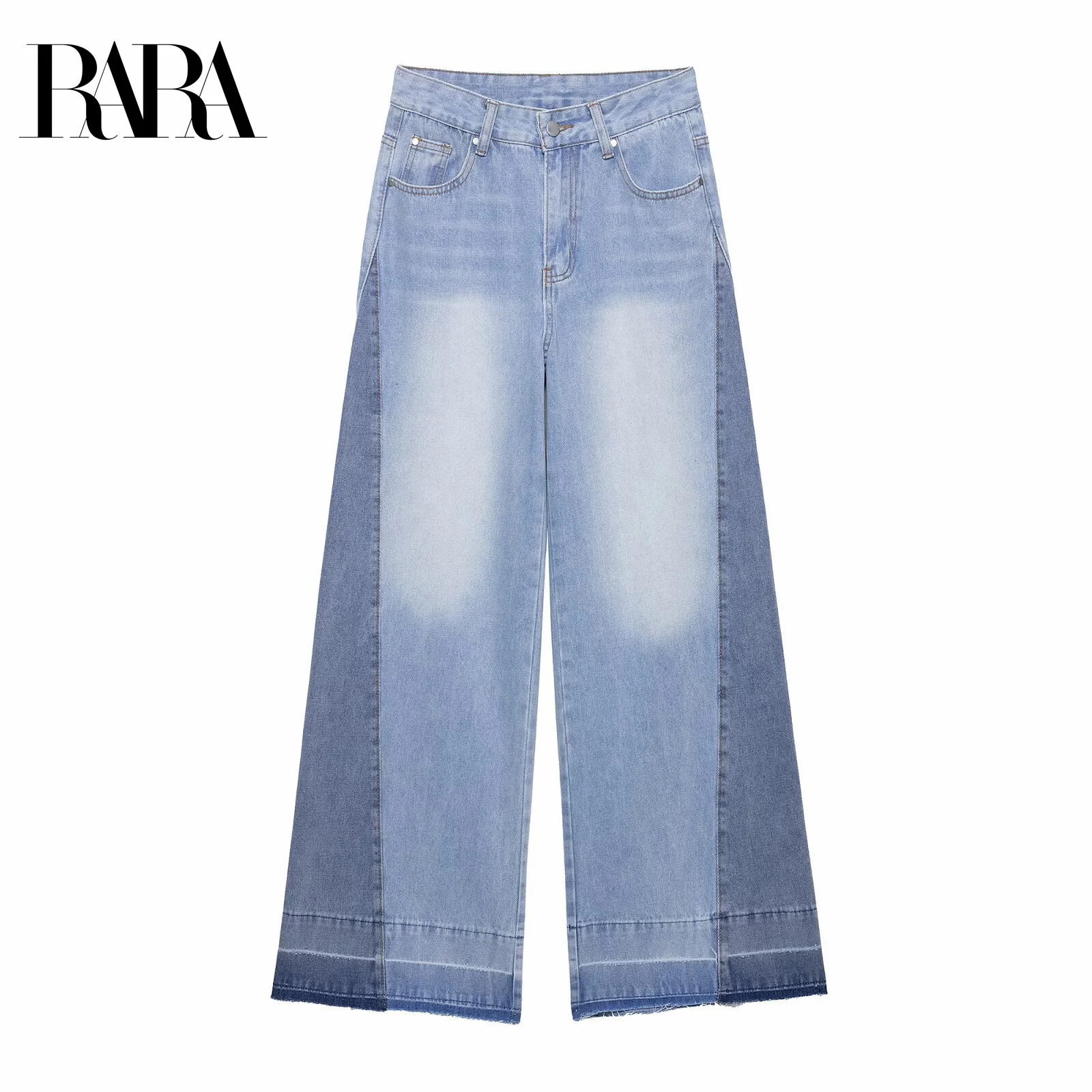 

RARA Women's Contrast Color Patchwork Decorated Casual Loose Fashion High - Waist Wide - Leg Denim Pants