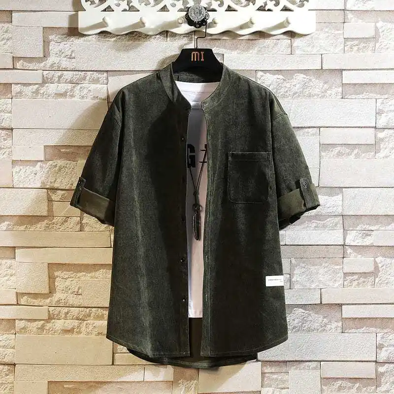 Fashion Casual Man Loose Shirts Solid Pockets Button Simplicity Handsome Capable Stand Collar Spring Summer Thin Men's Clothing