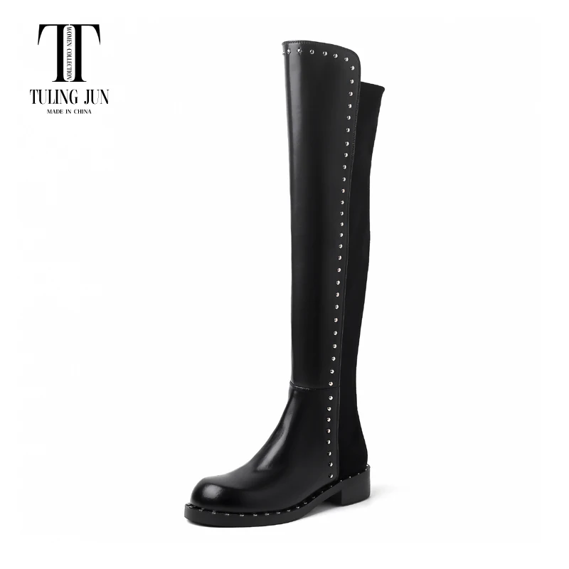 TULING JUN 2023 Winter Concise Famale Round Head Solid Color Over-The-Knee Boots Med Heels Shoes For Womens Elegant T-MK8989