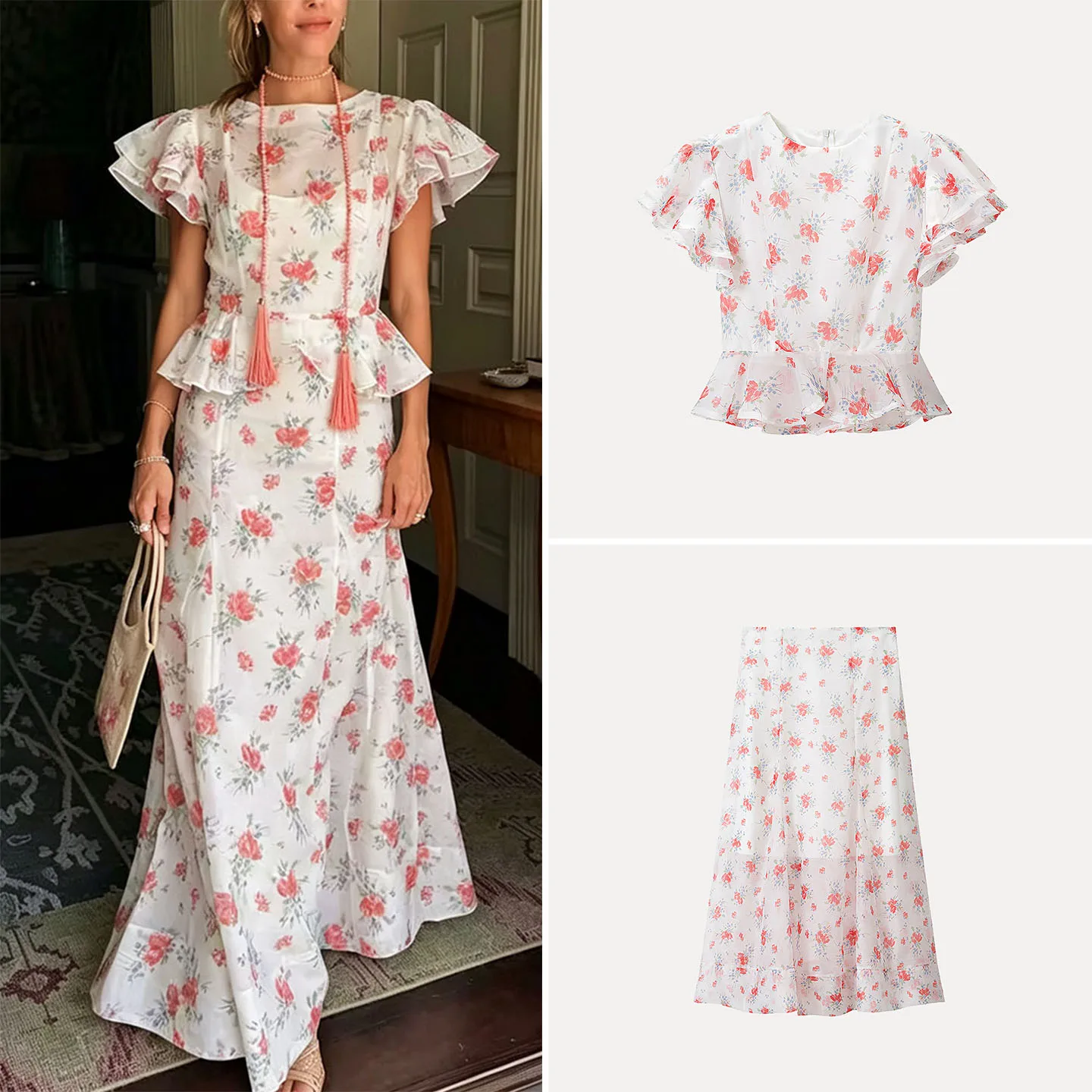 Fashionable round Neck Lace Sleeve Zipper Top And Printed Skirt Set Women's Autumn 2026 New Arrival Elegant Two-Piece Suit