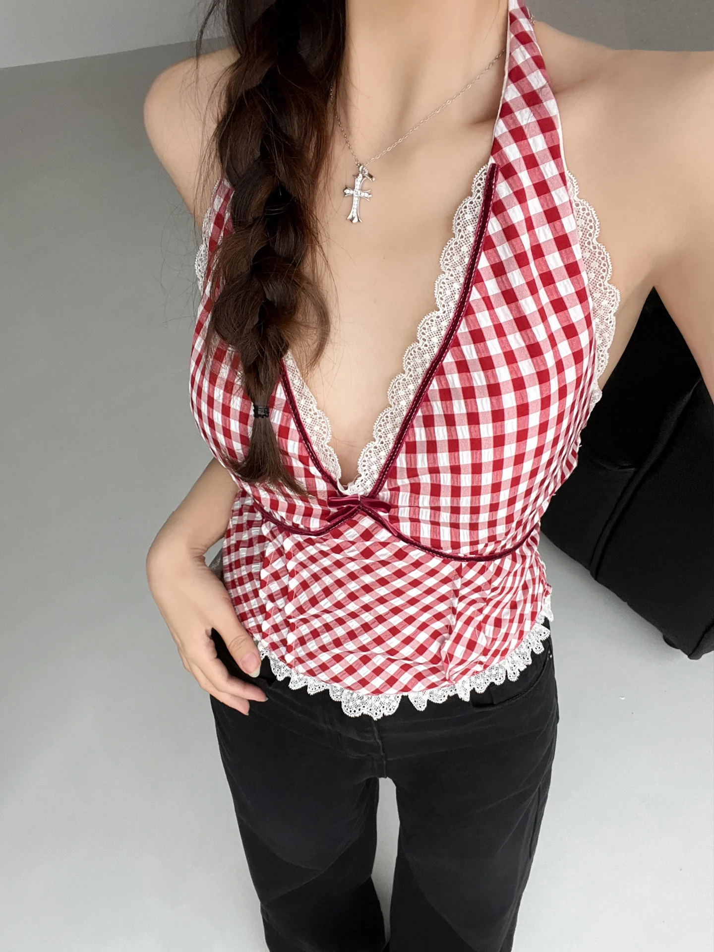 

Красный клетчатый жилет с ремешком, женский летний кружевной корсет, сексуальный, подвесной, сладкий и пряный, топ для девочек, кружевной ort Sve