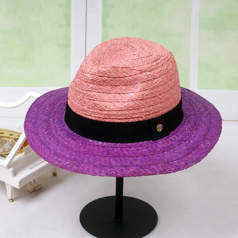 Lafite Straw Braid Hat Color Matching Top Hat Summer Sun-proof Women's Straw Hat Handmade Straw Woven Sun Hat