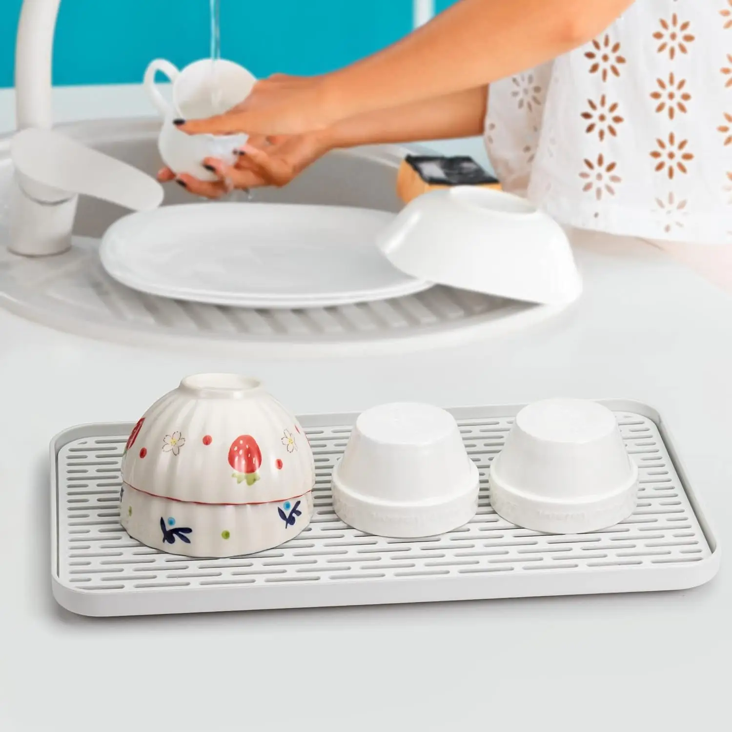 

2-Tier Drain Tray for Kitchen Counter, Detachable Plastic Dish Drainer Drying Rack, Multi-Functional Tea/Fruit/Vegetable