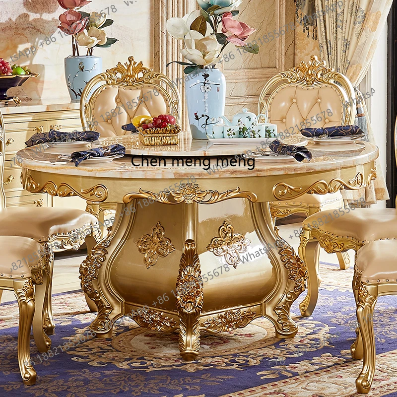 

European dining table Full solid wood round table Villa Hotel with turntable Marble dining table and chairs