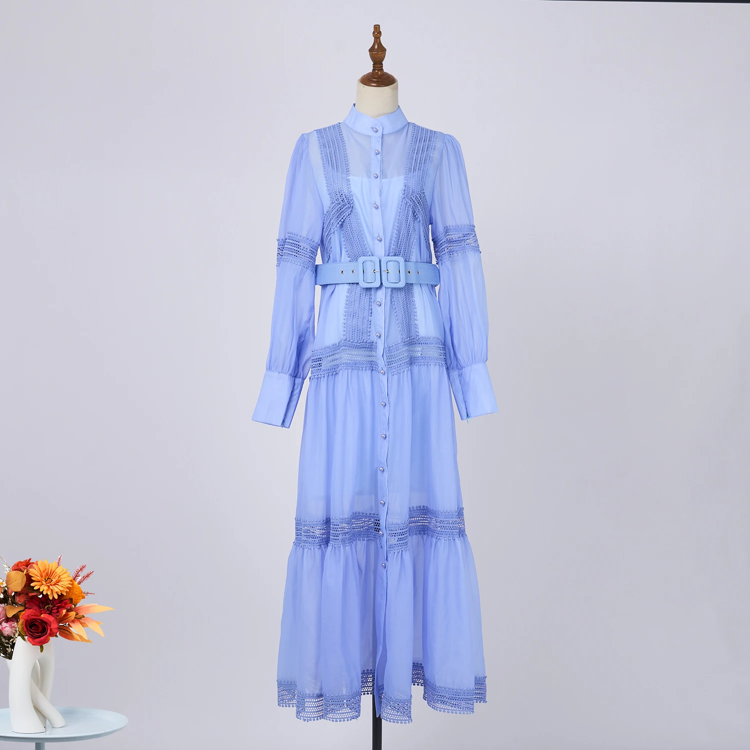 ฤดูใบไม้ร่วงElegant Organza Splicedตาข่ายMaxiชุดสตรียาวโคมไฟแขนเสื้อเพิร์ลปุ่มเข็มขัดลูกไม้Trims Party Prom Robe