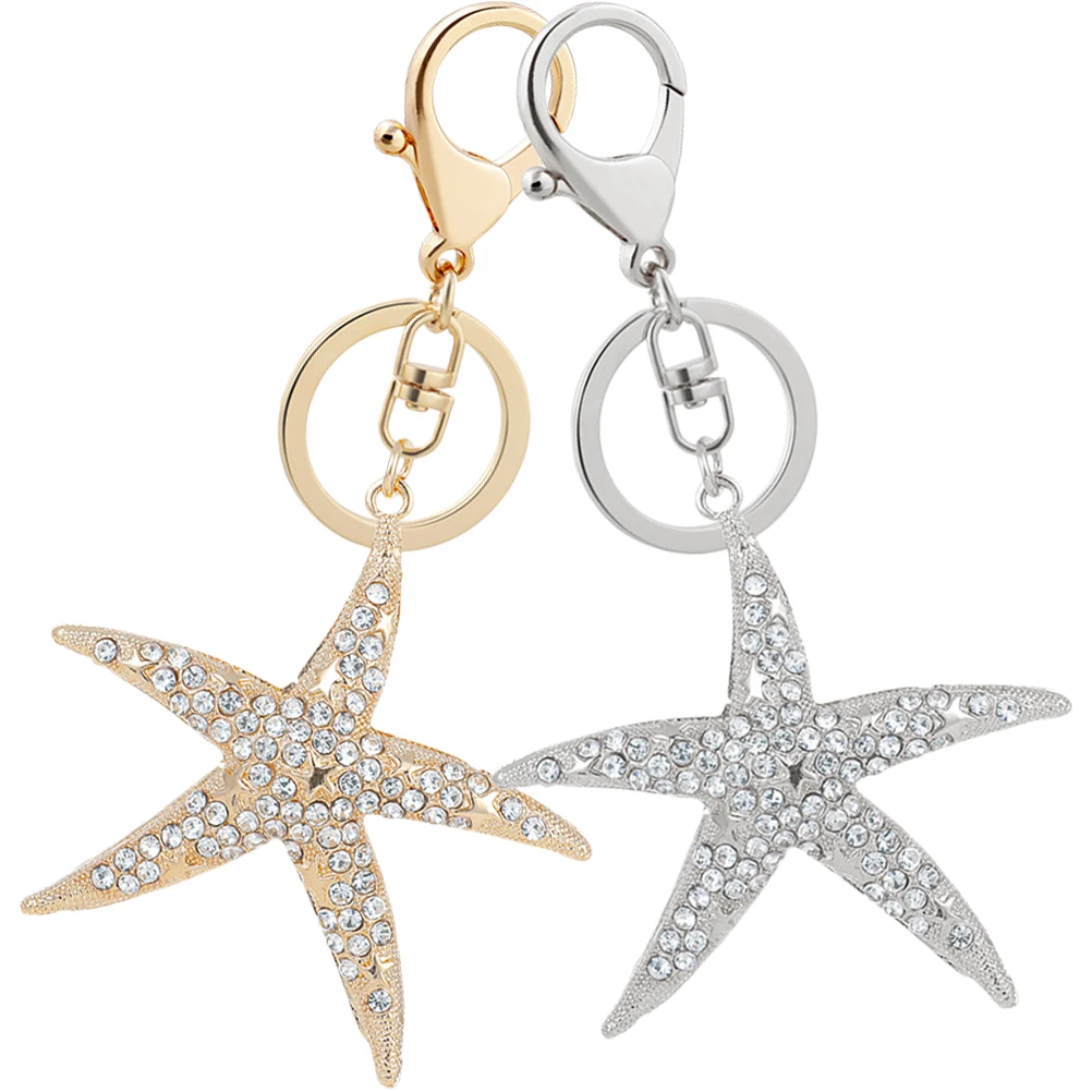

2Pcs Rhinestone Alloy Rhinestone Sea Star Keychain Decorative Key Ring Bag Charm Holder Ocean Theme Accessories