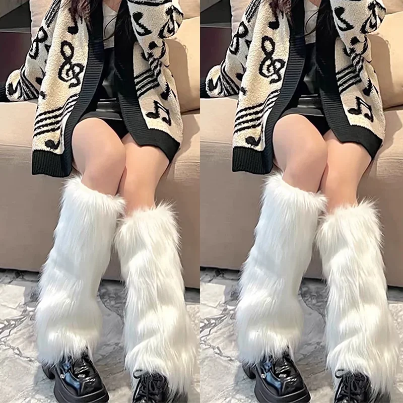 Japanese White Faux Fur Leg Warmers Y2K Winter Women Girls JK Lolita Solid Plush Cute Leg Socks Knee-Length Hiphop Hotgirl Socks