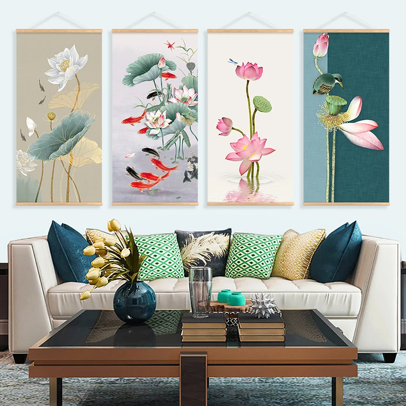 

Chinese Lotus Flower Landscape Scroll Canvas Art Poster, Living Room Decor, Vivid Art, Still Life Scroll Wall Picture Painting