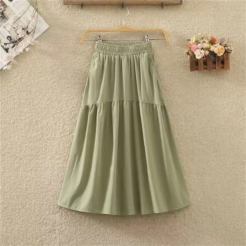 Gowyimmes New Summer Women All-Match Solid Big Pocket Skirt Elegant Lady High Waist Mid-Long A- Line Skirts Bottomings PD1728