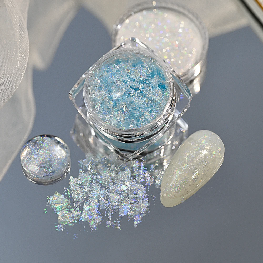 1Jar Blue Aurora Opal Nail Powder Ultra-thin Sparkle Mermaid Opal Flakes Fantasy Holographic DIY Manicure Blue Edelweiss Sequins