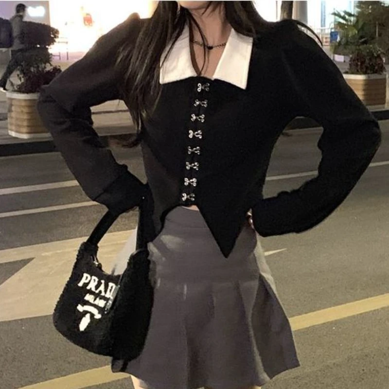 Vintage Blouse Women Cropped Black Puff Sleeve Temper French Fashion Elegant Designer Hotsweet Chemise Femme Slim Streetwear Ins