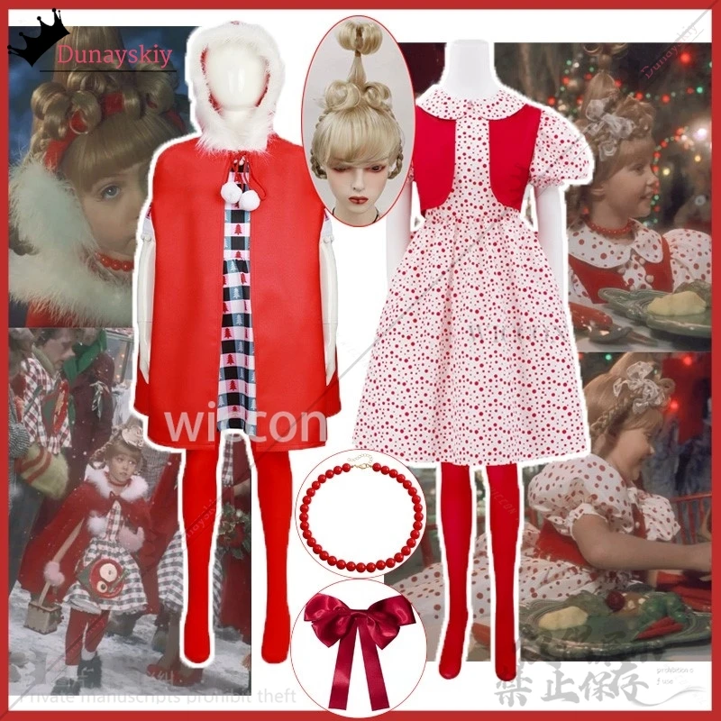 New Anime Christmas Cosplay Cindy Lou Costume Red Cloak Cute Dress Lolita Wig Necklace Headwear For Women Girls Kids Customized