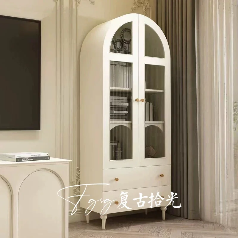 American-Style Solid Wood Cream White Arch Bookcase French Changhong Glass Storage Cabinet Wall Cabinet