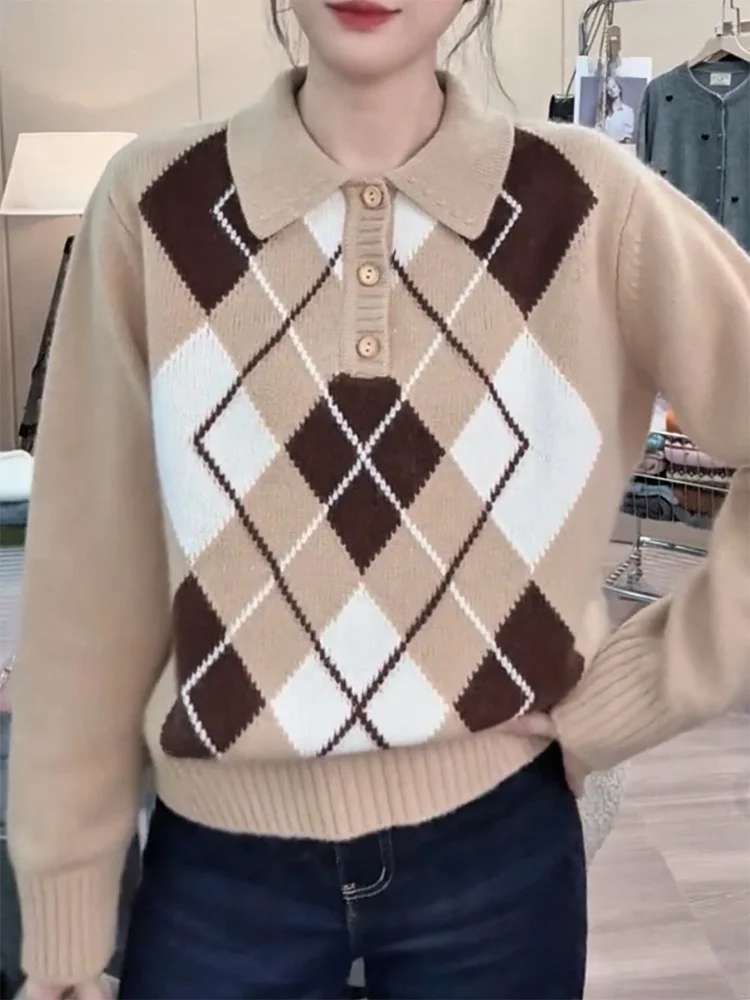 

Korean Sle College Preppy Diamond Pattern Turn-down Collar Knitwear Autumn Winter New Arrival plus Size Versatile Youthful Top