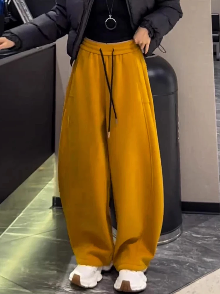 

Желтые широкие брюки на флисовой подкладке, свободные, больших размеров, женские спортивные штаны, повседневные брюки для женщин, осень-зима
