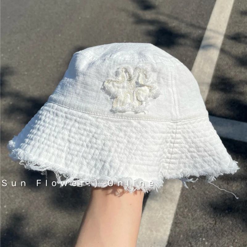 Floral Embroidery Furred Edge Pinkish Fisherman Hat for Women Sun Block Travel Basin Hat