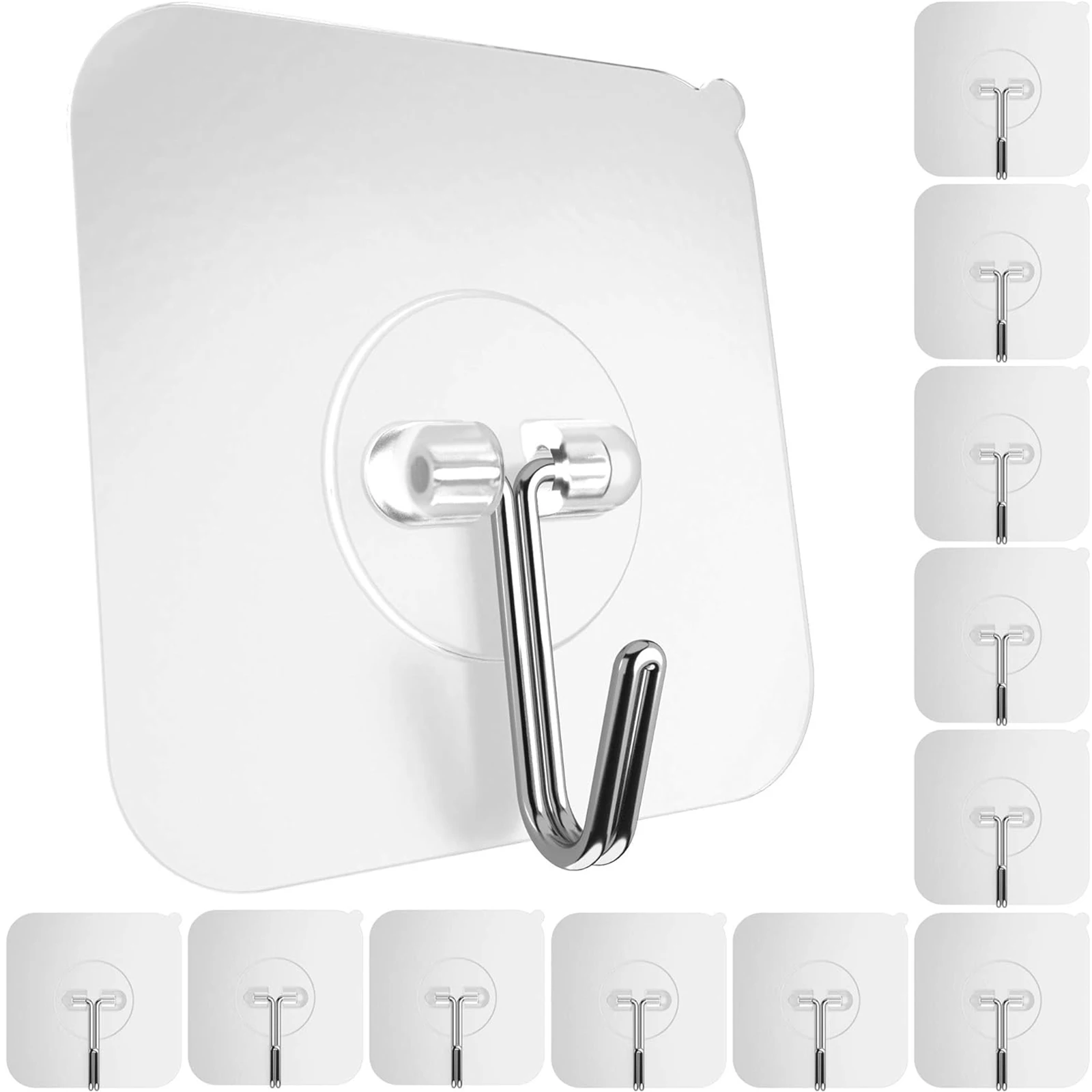 12Pcs Transparent Stainless Steel Self-Adhesive Hooks Bathroom Towel Clothes Storage Sticker Key Hangers