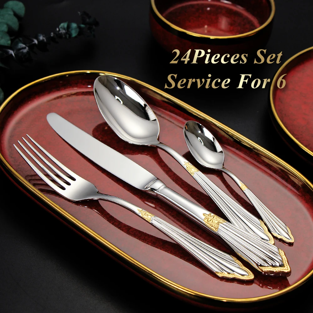 24 Pieces Royal Partial Gold Stainless Steel Cutlery Set Service For 6 24K Plated Stainless Steel 18/10 Hollow Handle Flatware