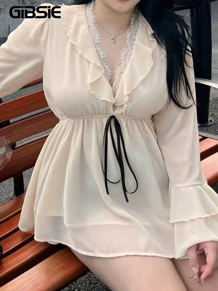 GIBSIE Plus Size Contrast Lace Ruffle Trim Solid Blouse Women Spring Summer Deep V-Neck Long Sleeve Elastic Blouses Tops