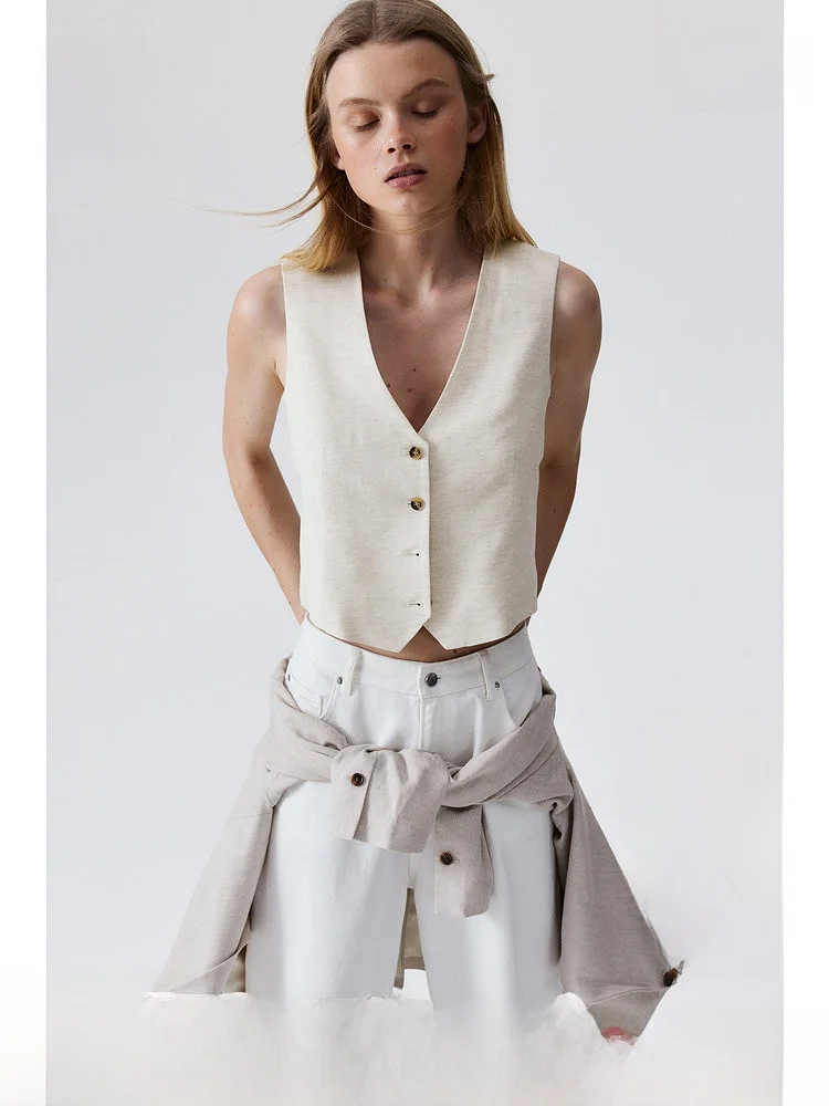 

Женский модный повседневный деловой жилет H&M, укороченный, на одной пуговице, с V-образным вырезом, цвет Весна 2025