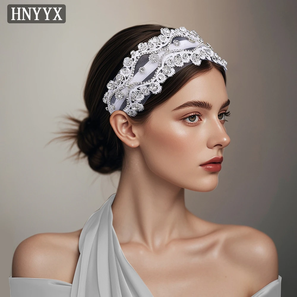 HNYX-Luxo Rhinestone Acessórios para o Cabelo, Casamento Noiva Branco Jóias Headpieces, dama de honra Headband para Meninas, Handmade Lace Headband, A218