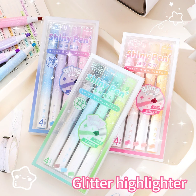 

4Pcs/set Glitter Highlighter Pens Marker Pens Fluorescent Pen DIY Drawing Marking Highlighters Cute Stationery School Supplies