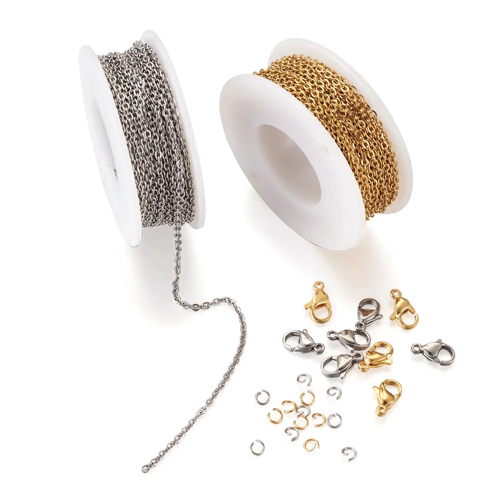 Pandahall DIY Cadena de acero inoxidable Collares Pulseras Kits para hacer con cadenas de cables Garra de langosta Anillos para saltar Cadena: 20 m/juego