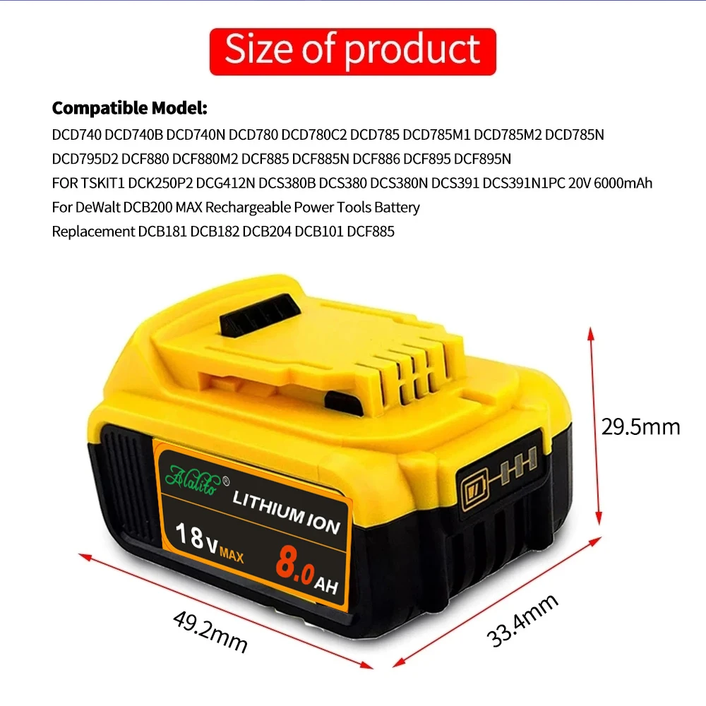 Sostituzione dell\'utensile elettrico della batteria al litio 18V 8Ah MAX per DeWalt DCB184 DCB181 DCB182 DCB200 20V 8A 10A 12A 18V 20V batteria al