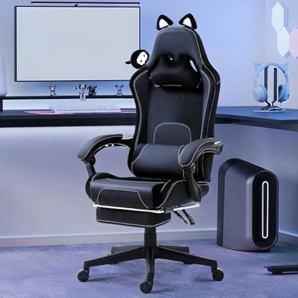 

Gaming Chair Cute with Cat Ears and Massage Lumbar Support, Ergonomic Computer Chairs with Footrest and Headrest, Gaming Chair