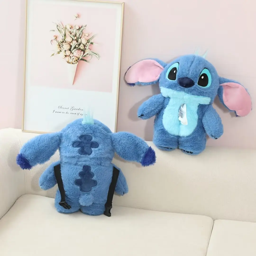 Disney Kawaii Stitch Car Tissue Box Accessories Cute Cartoon Seat Back Paper Bag Car Tissue Cover Ornament Doll Girls Gift