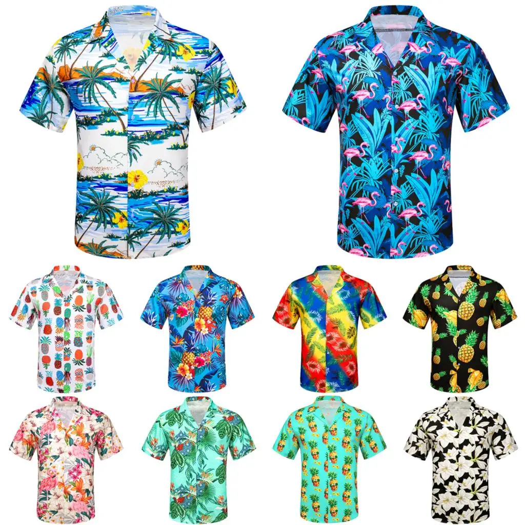 Silk Beach Short Sleeve Shirts for Men Blue Green Black White Flamingo Coconut Trees Slim Fit Male Blouses Tops Barry Wang