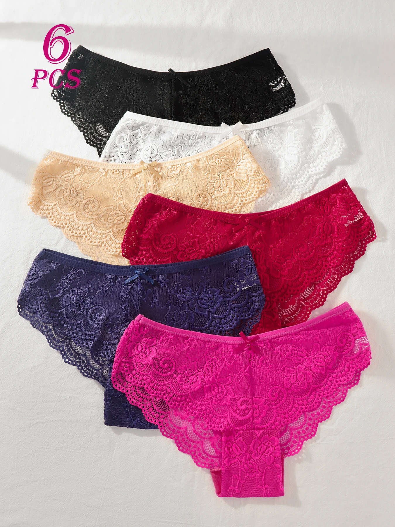 Conjunto com 6 calcinhas de renda para mulheres - Combinação de cores vermelho/branco/pele/preto/azul-marinho/rosa - Roupa íntima feminina confortável e respirável para uso diário