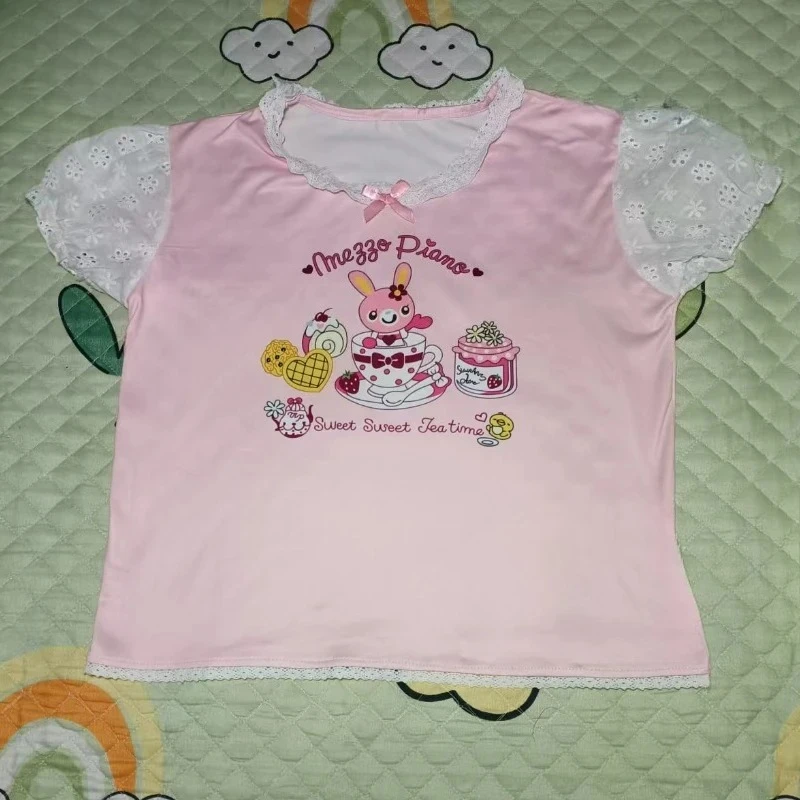 الصيف اليابانية لطيف لوليتا الأرنب طباعة الكرتون القمم النساء Y2k الجمالية الدانتيل المرقعة سليم القوس المحاصيل تيز الحلو لطيف تي شيرت #4