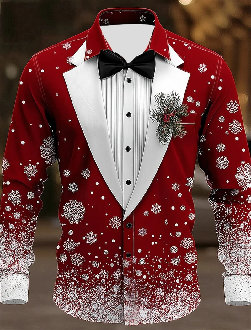Christmas suit pattern 3D snowflake print men's shirt button long sleeved holiday collar shirt holiday clothing top
